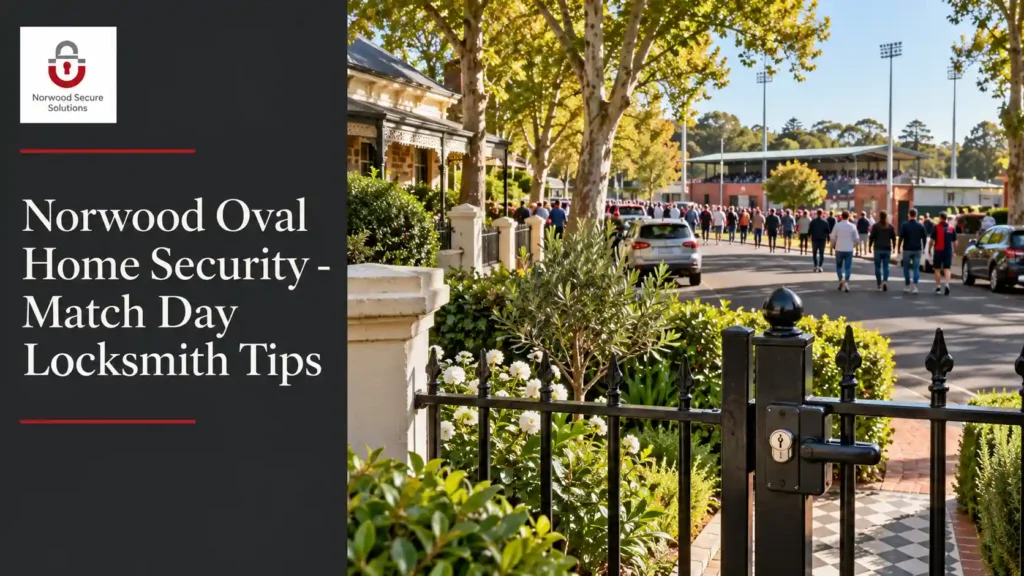 Secured front gate on a leafy street near Norwood Oval, with football spectators arriving on match day