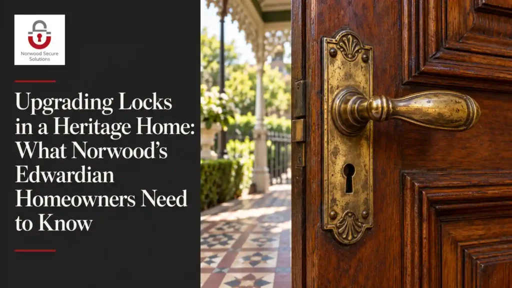 Original brass lock hardware on an Edwardian timber door in Norwood, with a tessellated tile path behind